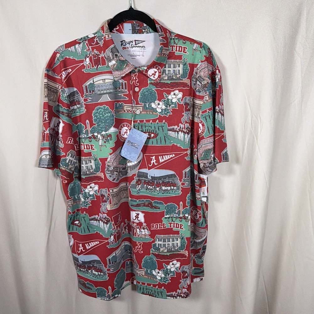 Reyn‎ Spooner Alabama Crimson Tide Roll Tide Aloha Polo Shirt Men's L NWT